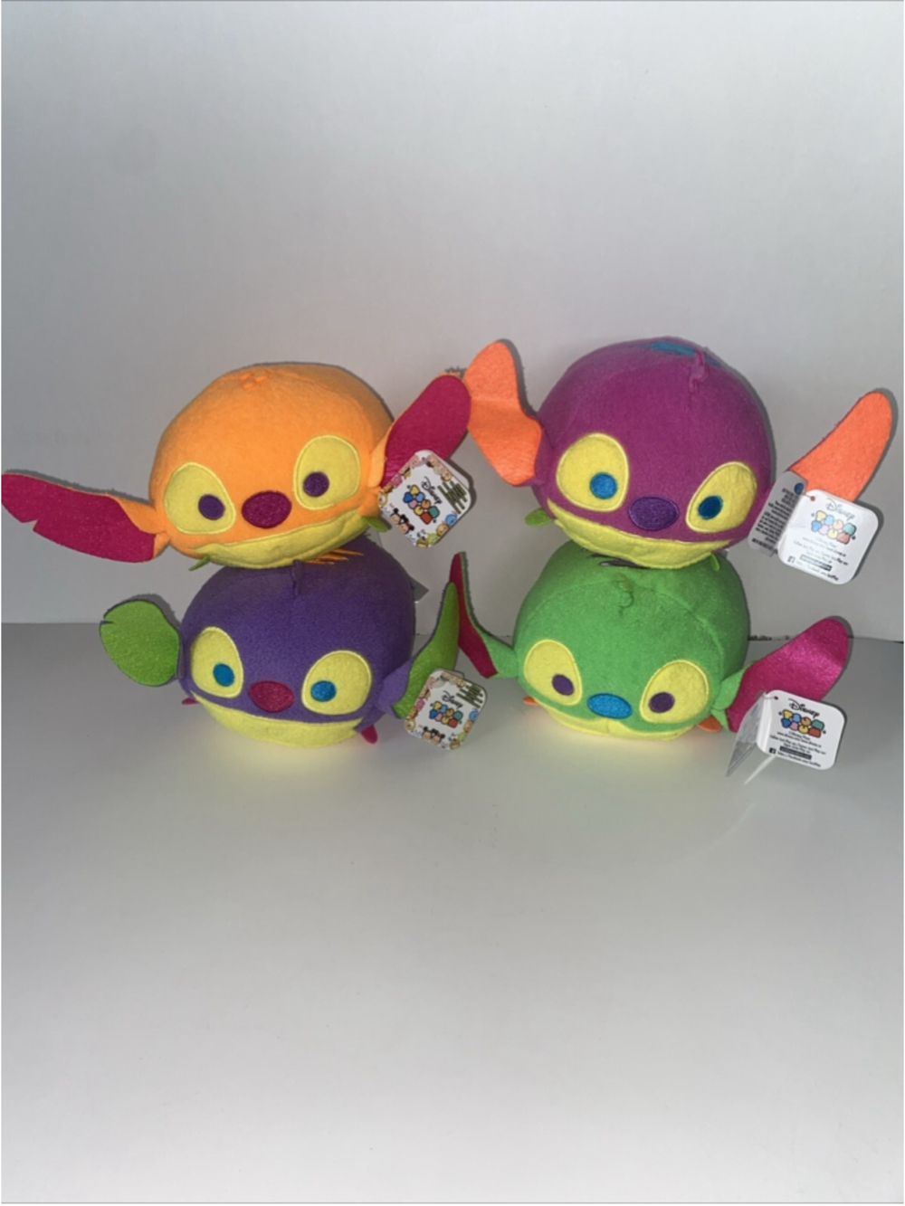 Set Of 4 Disney Tsum Tsum Neon Stitch Collectible Plush Green Orange purple Pink